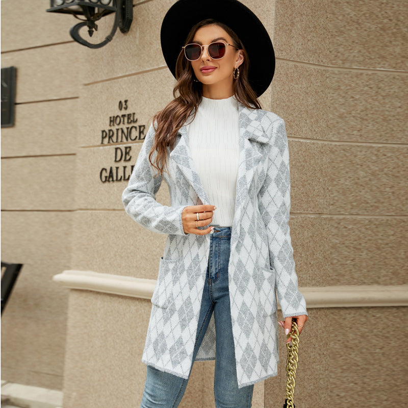 Long Sweater Contrast Houndstooth Knit Cardigan Trench Coat