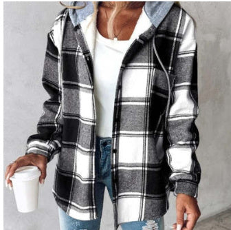 Plaid Hooded Jacket Fashion Casual Button Pocket Coat Autumn And Winter Women's Clothing