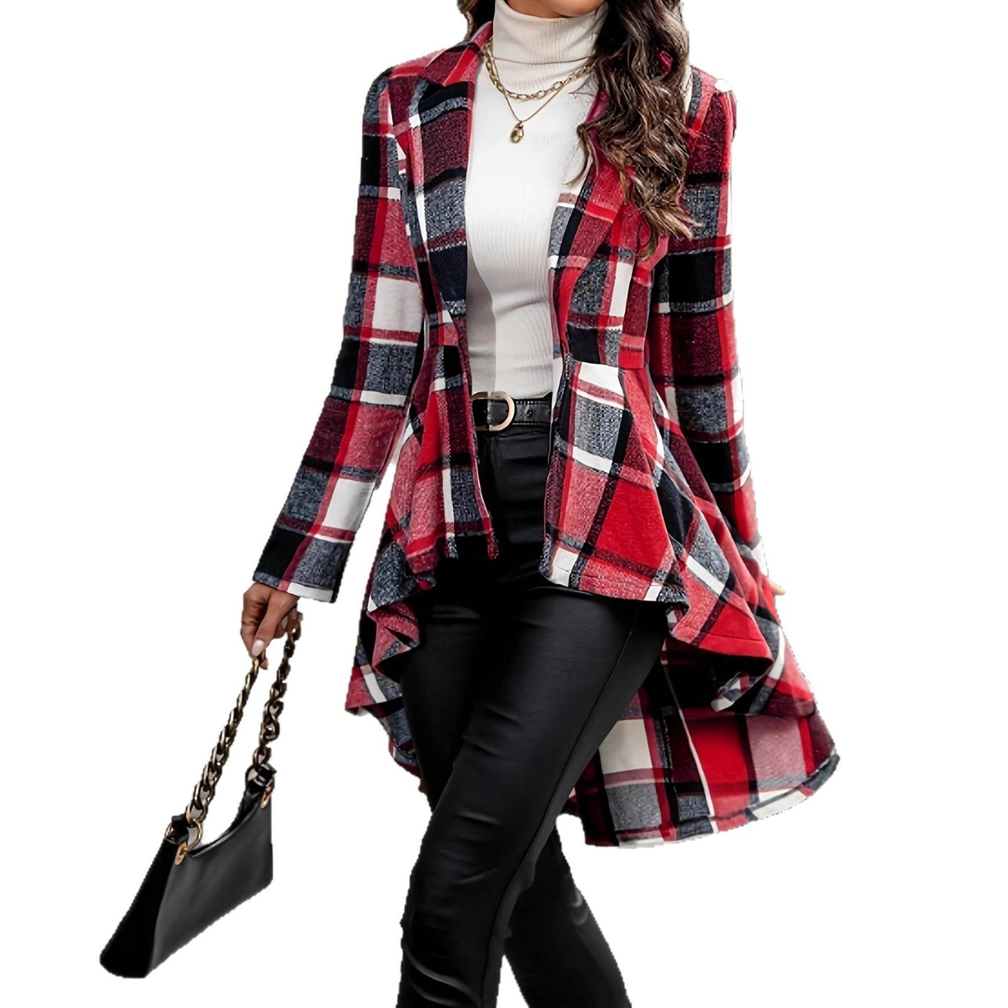Plaid Pattern Button Front Jacket Long Sleeve High And Low Flared Jacket